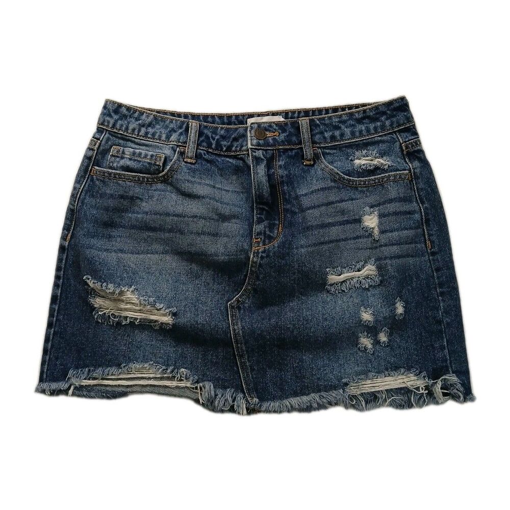 Cello Jeans Mini Skirt Large Blue Raw Hem Light Wash Distressed Whiskered